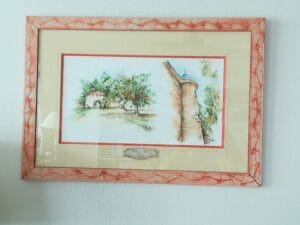 Galerie 61 Encadrement d'une aquarelle Simple passe partout, biseau droit. Cartouche de légende ajoutée.. Baguette peinte.