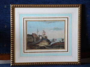 Galerie 60 Encadrement Huile sur toile Lavis à l'ancienne et traits au tire ligne, filet doré sur passe partout. Baguette dorée à l'or fin