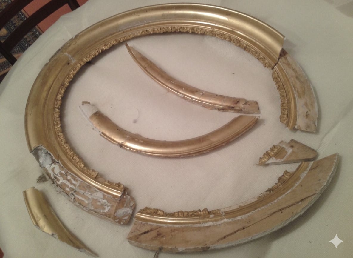 Cadre Oval très abimé. Baguette brisée en plusieurs endroits, et frise avec parties manquantes.