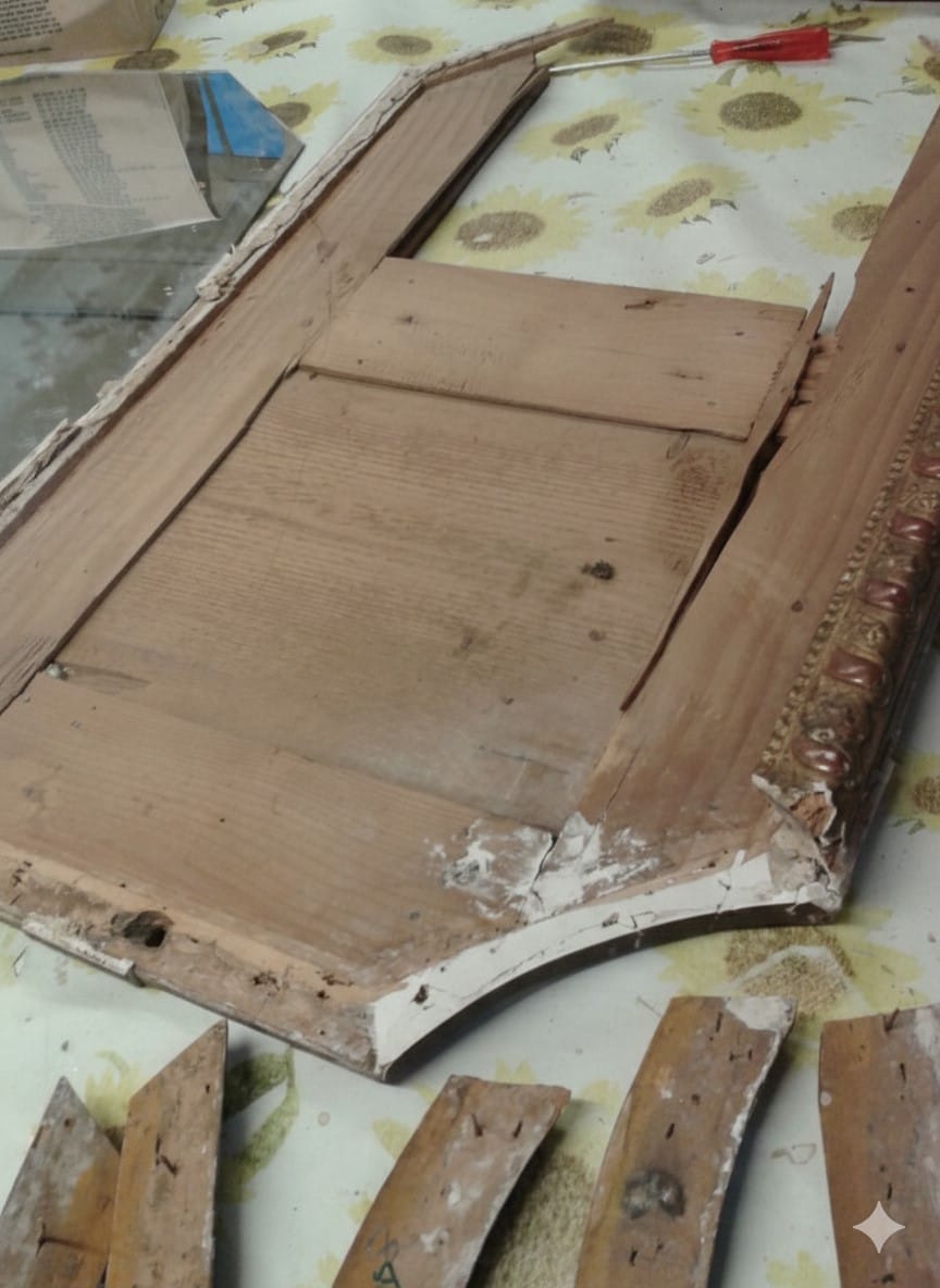 Dos du miroir avant restauration. Démontage du miroir pour moulage de la baguette