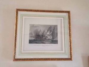 Galerie 32 Encadrement gravure. Passe partout avec un filet doré et technique du Lavis à l'ancienne, trait au tire-lignes
