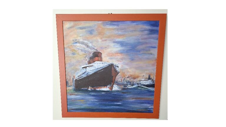 Encadrement d'une peinture sur toile. Simple baguette en bois brut.